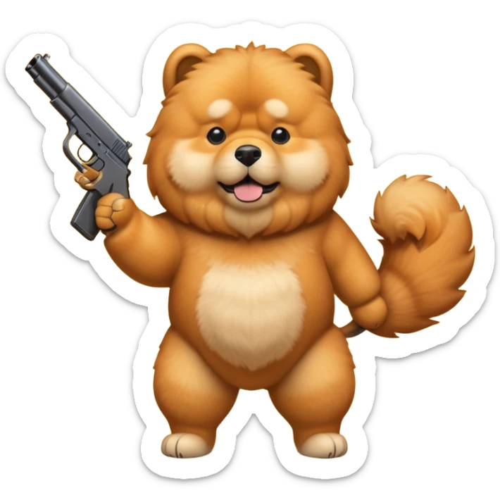 Funny cartoon-style chow chow dog standing on its hind legs and holding a gun menacingly sticker