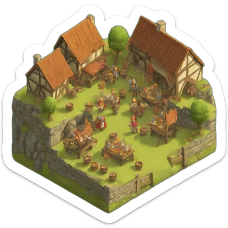 isometric view of a medieval village, festival mood, celebration sticker