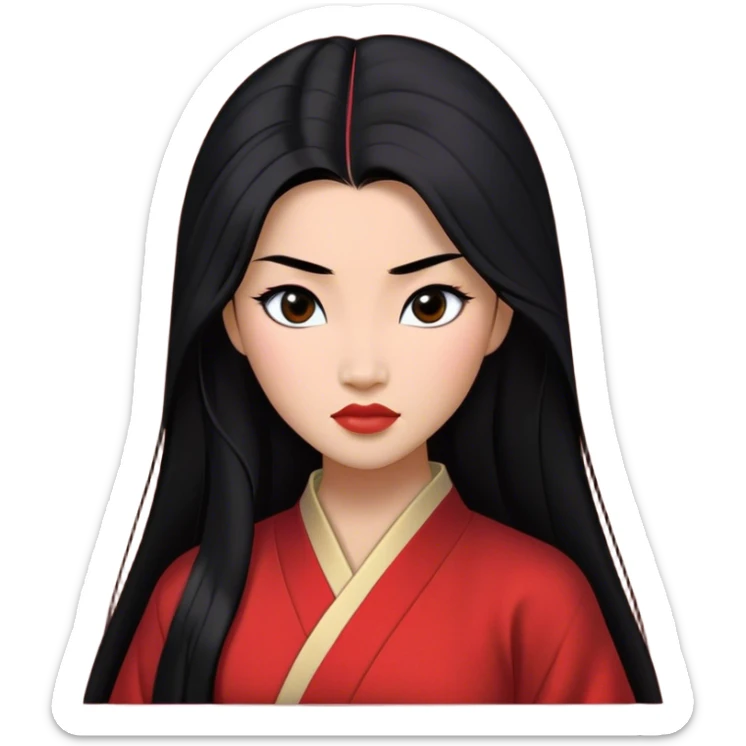 Cinematic Realistic Mulan Portrait, depicted with lifelike skin texture, soft natural lighting, and intricately detailed long black hair styled elegantly. Her deep, expressive eyes exude determination and grace, complemented by a serene yet confident expression. She is dressed in her classic attire, with rich fabric textures and delicate folds that catch the light beautifully. The portrait features a soft, enchanting glow with a natural, radiant finish, capturing the essence of timeless strength and beauty in a realistic and painterly style, evoking a sense of depth and authenticity. sticker