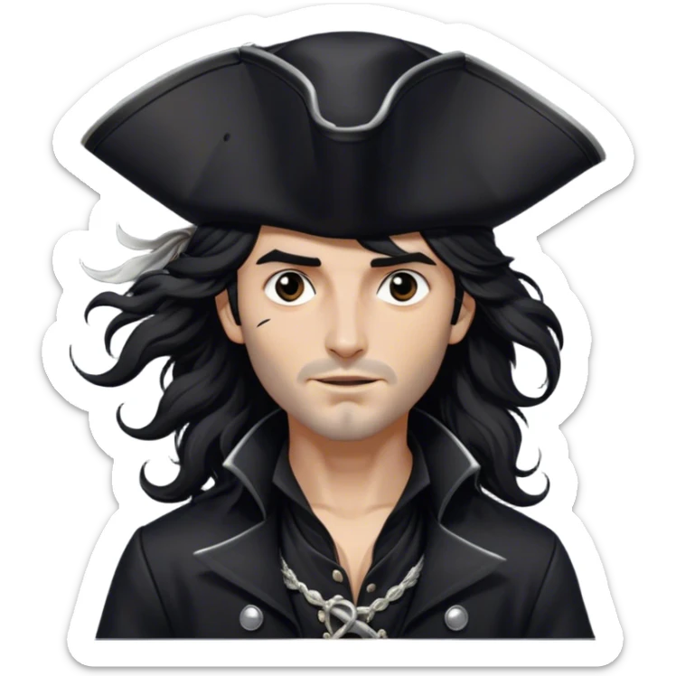 A charismatic pirate with wavy black hair tousled by the breeze. His silver-embroidered tricorn hat casts a shadow. Dark eyes glint with mischief as he looks to the side. His black coat, adorned with silver buttons, shifts with the wind sticker
