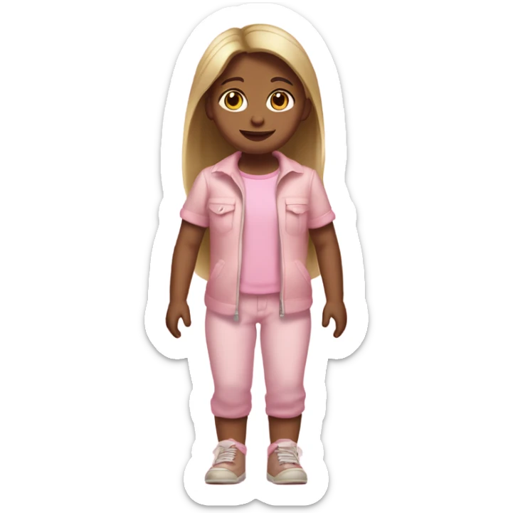 do a white little girl with dirty blond straight hair brown eyes and a cute baby pink outfit, full body arms legs  sticker