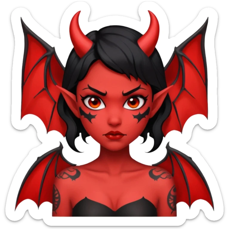 Demon girl: red skin, black hair, small horns, bat wing; tattoo-flash comic style; red/black palette; bold outlines; dark background; no text. sticker