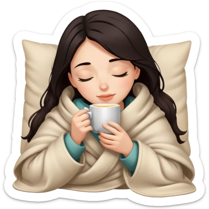 Girl with dark hair snuggled in warm blanket enjoying coffee with peaceful closed eyes sticker
