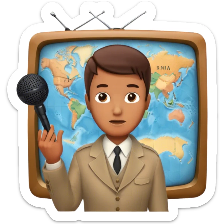 Icon for Documentary Film (TV style): A large vintage TV screen with a serious-looking host standing in front of a map. The host holds a microphone, and the map displays historical or geographical information. Retro TV broadcast style. Transparent background. sticker