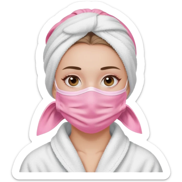 A girl with her hair tied back in a towel, her face is covered by a pink skin mask except for her eyes, nose and mouth, she is wearing a white coat  sticker