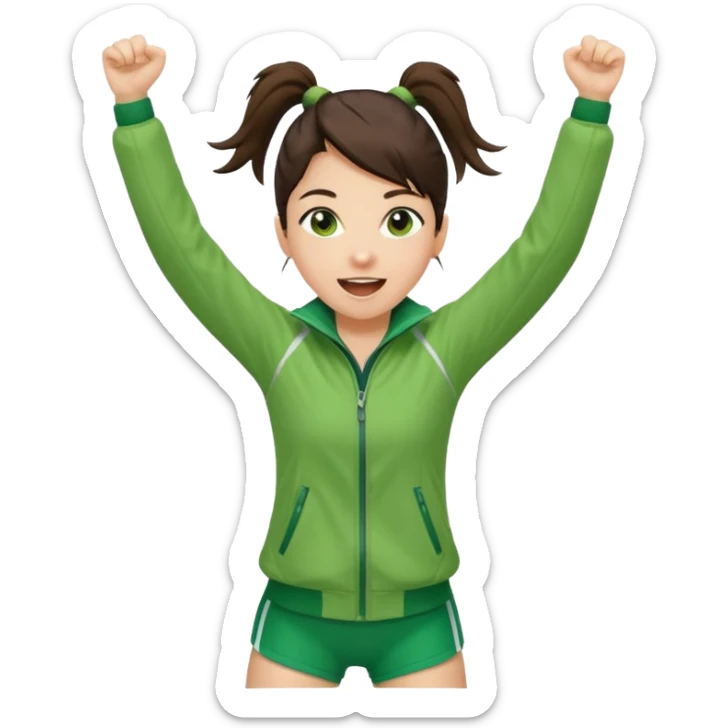 A brunette pony tail hair girl in a sporty green jacket, jumping slightly while cheering loudly. sticker