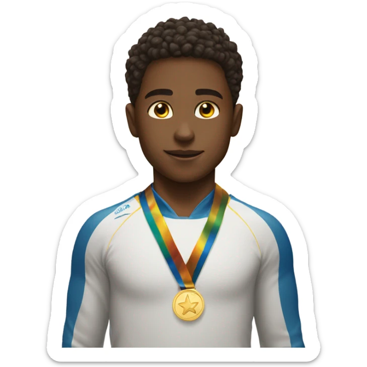 Boy with 5 of gold medals on his neck near the sailboat sticker