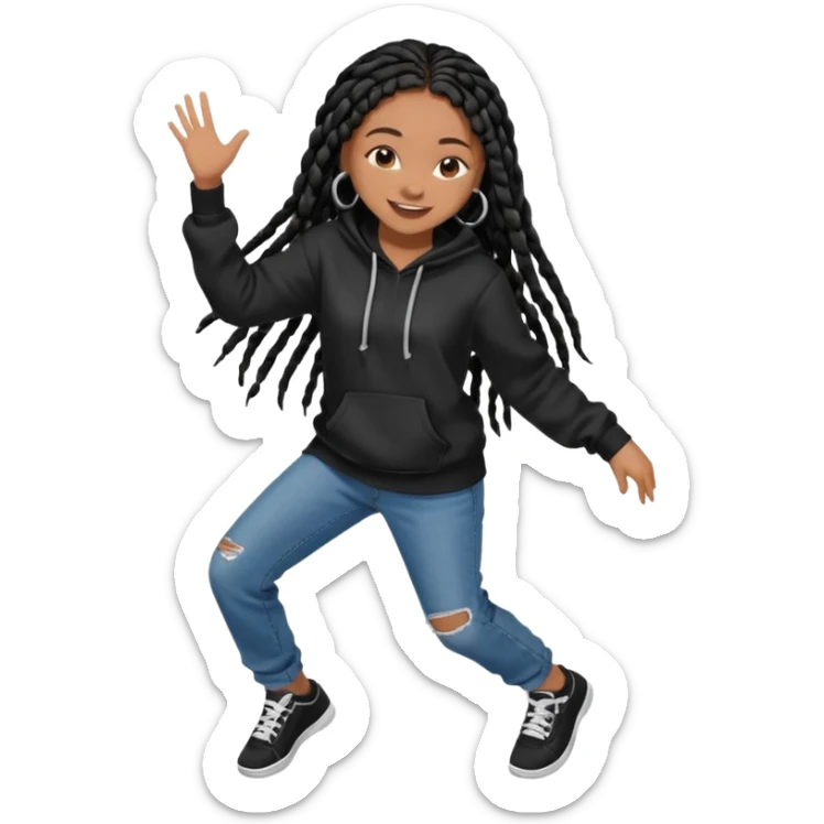 African American girl with long black box braids wearing a plain black hoodie wearing denim jeans and shoes dancing in music video sticker