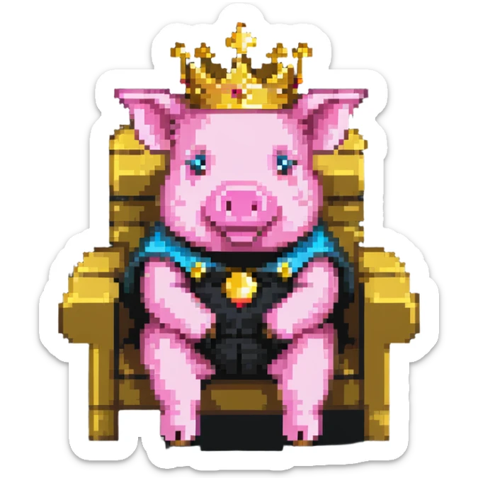 simple minimal pixel art pig with a golden crown sitting on a throne, blocky and square like Minecraft sticker