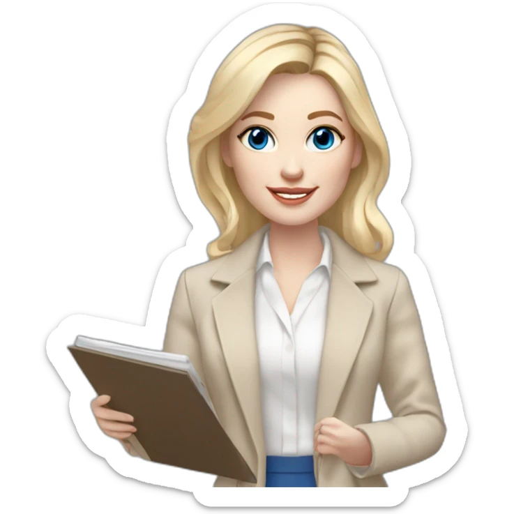 pale skin woman interior designer with cold blonde middle length hair, blue eyes, beige blouse, White oversize jacket, Gray skirt holding a color palette in the hands sticker