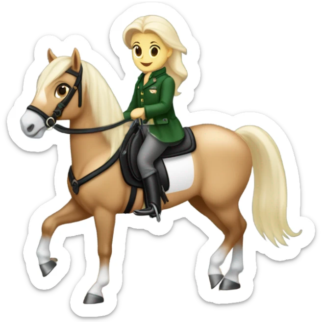 Un cheval Palomino en tain de galoper il a un tapis noir à paillettes sur le dos, sa cavalière qui est sur lui est une fille blanche avec les cheveux marrons elle porte un pantalon noir et un haut vert sapin  sticker
