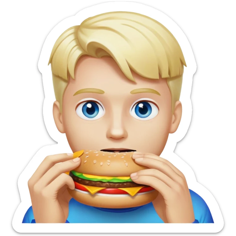 Blonde man with white skin and blue eyes eating a McDonald's hamburger, rainbow LGBT colors sticker