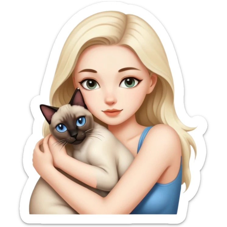 A beautiful and sexy white girl hugs a Siamese cat tightly sticker