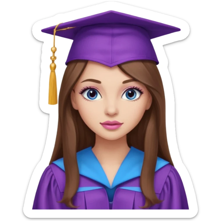 pretty girl with beautiful extremely long brown hair, blue eyes, long lashes makeup, sexy pink lips, wearing a purple and light pink graduation cap and gown sticker