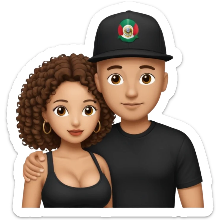 A picture of a loving tanned couple. the guy is Mexican, with a bald hair cut and he has a SnapBack hat on. The girl is mixed, the girl is wearing a black shirt, the girl has brown curly big hair and the girl has big boobs  sticker