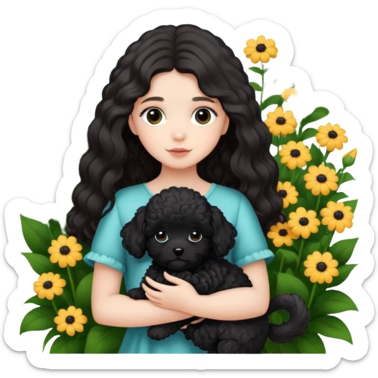 A long-haired girl holding a black maltipoo puppy in the flowers sticker