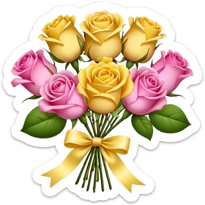 A bouquet of flowers, composed of pink and yellow roses, four blooms in total, tied with ribbon. sticker