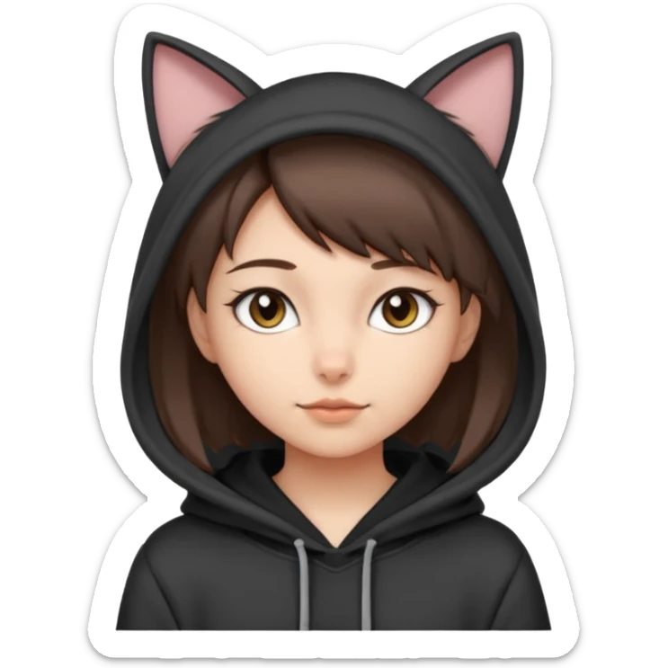 a girl with short brown hair, grey cat ears and a tail, with a black hoodie on  sticker