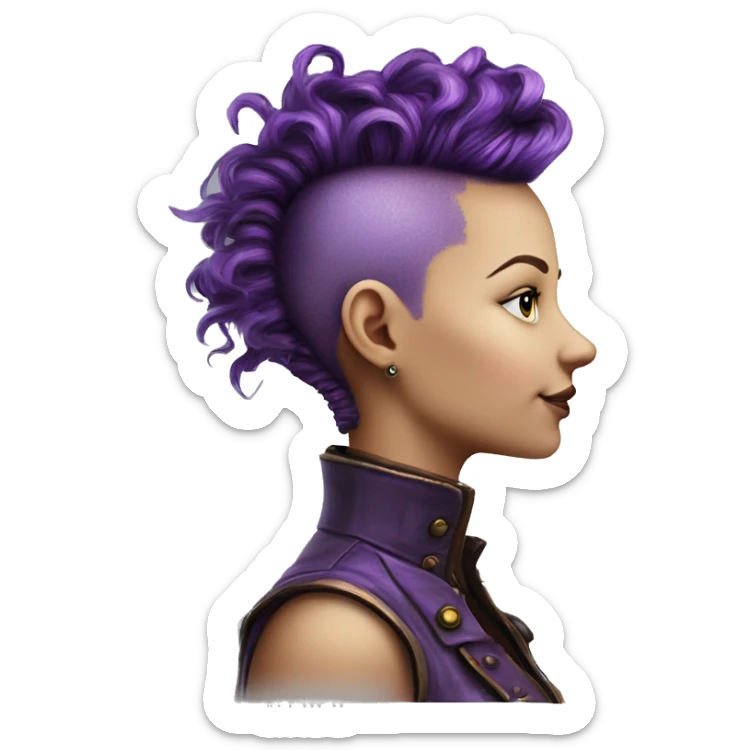 Photorealistic steampunk profile short mohawk purple wavy  on Caucasian girl with small nose round face sticker