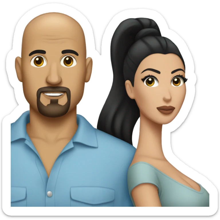 Bald man with goatee in blue shirt holding Kim kardashian with dark hair sticker