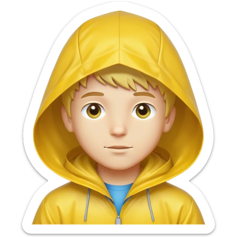 A beautiful, Caucasian boy wearing a yellow raincoat and a raincoat hood on his head sticker