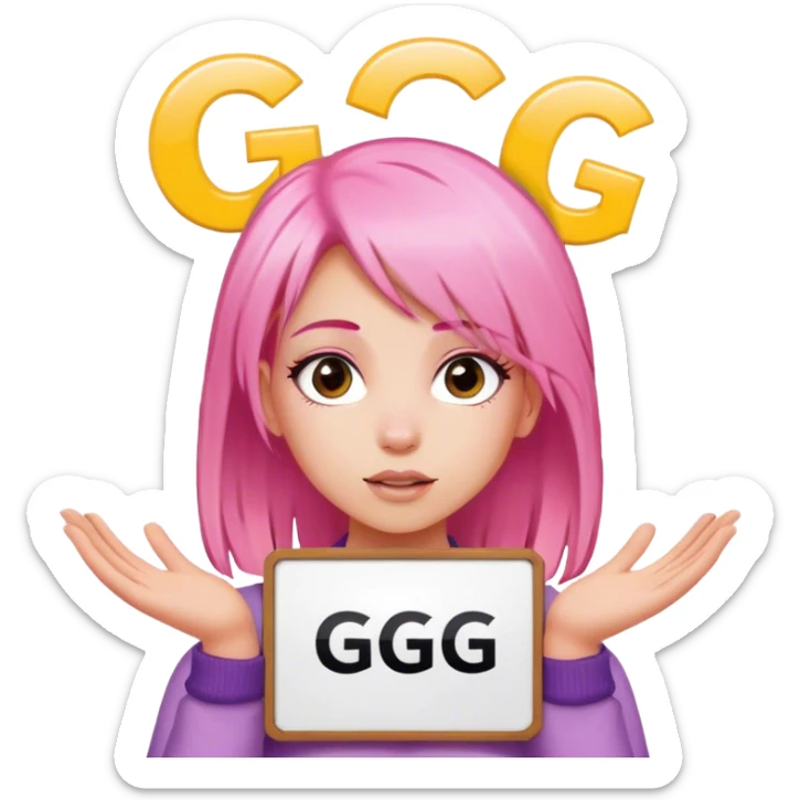 girl with pink hair holding a sign above her head. the text on the sign says 'GG' in a big font sticker