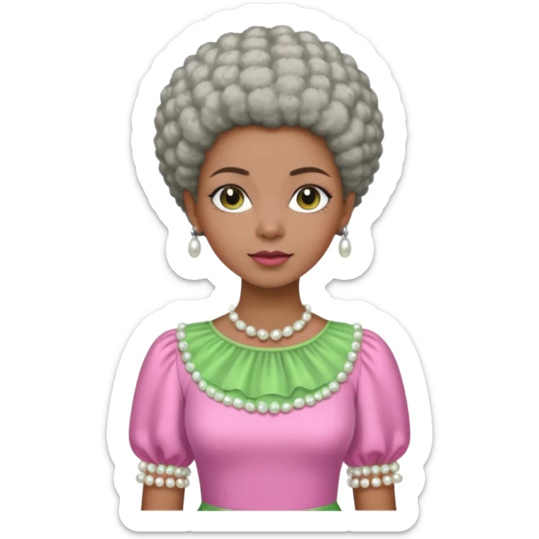 Pretty Brown woman with a very very short stylish gray Afro  wearing pink and green dress  and pearl blouse with sleeves sticker