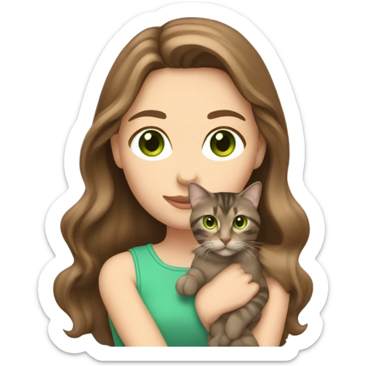 Caucasian women with long brown hair and brown eyes holding a tabby cat with green eyes sticker