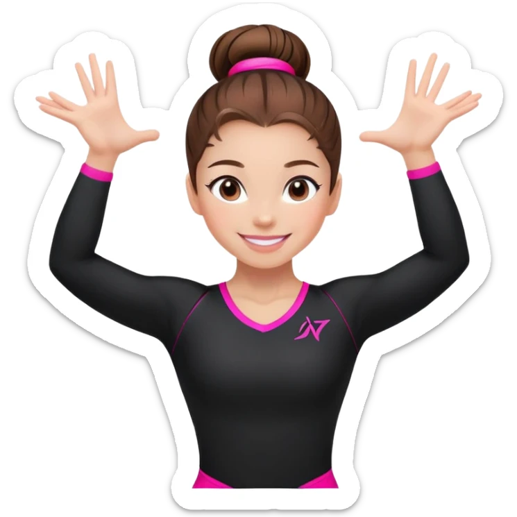 Happy female gymnast with brown hair in a neat bun, wearing a black uniform with neon pink elements. sticker