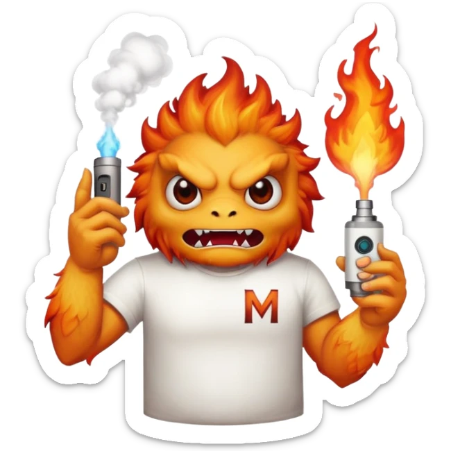 A fire monster wearing a white t shirt with the letter "M" and a vape in his hand  sticker