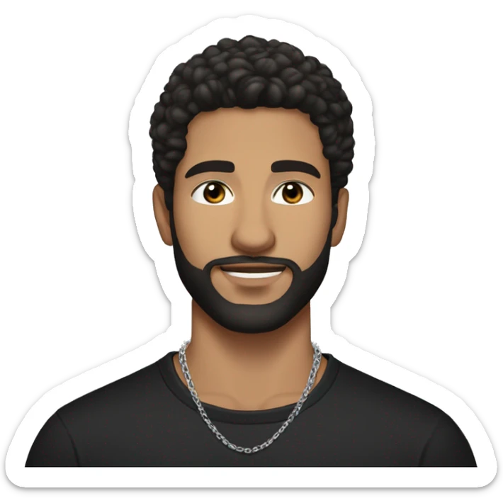 dark hair and beard (white man) handsome 25 year old wearing a black shirt with silver hoop earrings and a silver chain necklace sticker