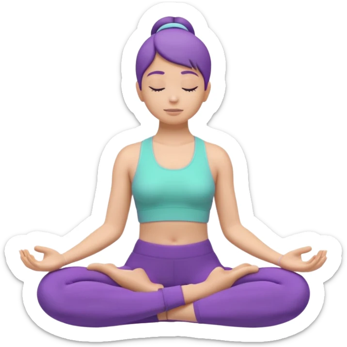 Modern premium 3D emoji icon: faceless gender-neutral person meditating (cross-legged) in sporty activewear, smooth rounded shapes, matte + subtle gloss, top-left studio light, soft shadow, faint halo aura. Purple outfit with a mint (or warm peach) accent. Centered, transparent background, no tex sticker