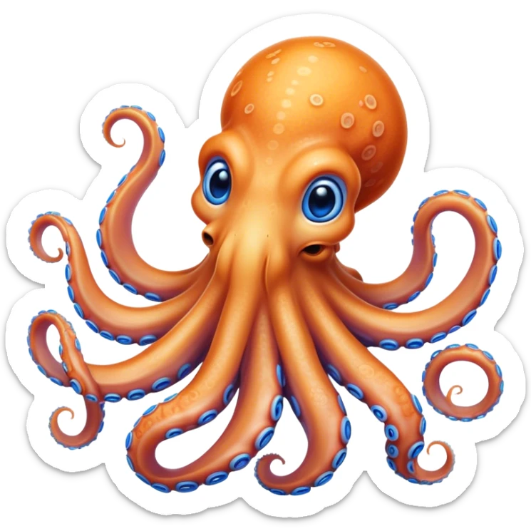 Cinematic Noble smiling Octopus Portrait Emoji, Poised and enchanting, with a light orange body adorned with vibrant blue rings and eight delightfully curling arms with gentle suckers, large sparkling eyes exuding warmth and playfulness, Simplified yet charmingly expressive features, highly detailed, glowing with a soft, magical underwater radiance, high shine, intelligent and irresistibly cute, stylized with an air of whimsical marine enchantment, focused and fluid, soft glowing outline, capturing the essence of a watchful and endearing octopus that appears ready to float out of the screen with delightful charm! sticker