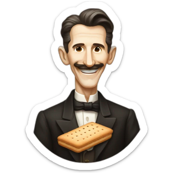 elongated illustration of nikola tesla, portrait, smiling, pixar style, holding a biscuit sticker
