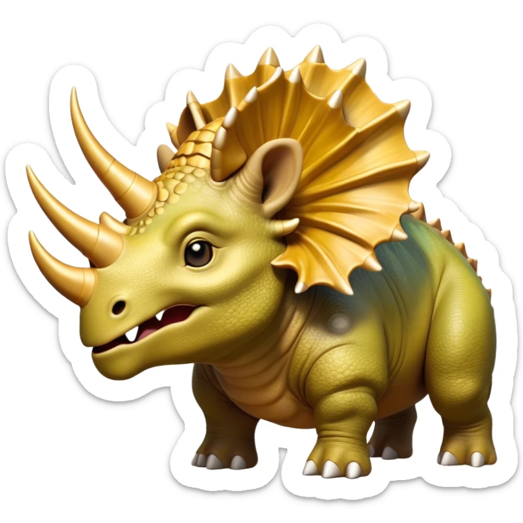 Cinematic Noble Triceratops Portrait Emoji, Poised and formidable, with a robust, stocky build adorned by three prominent horns and a broad, intricately frilled head, exuding ancient strength and wisdom, Simplified yet sharply defined features, highly detailed, glowing with a soft, earthy radiance, high shine, intelligent and stalwart, stylized with an air of prehistoric majesty, focused and resolute, soft glowing outline, capturing the essence of a watchful and confident Triceratops that appears ready to charge out of the screen with effortless power! sticker