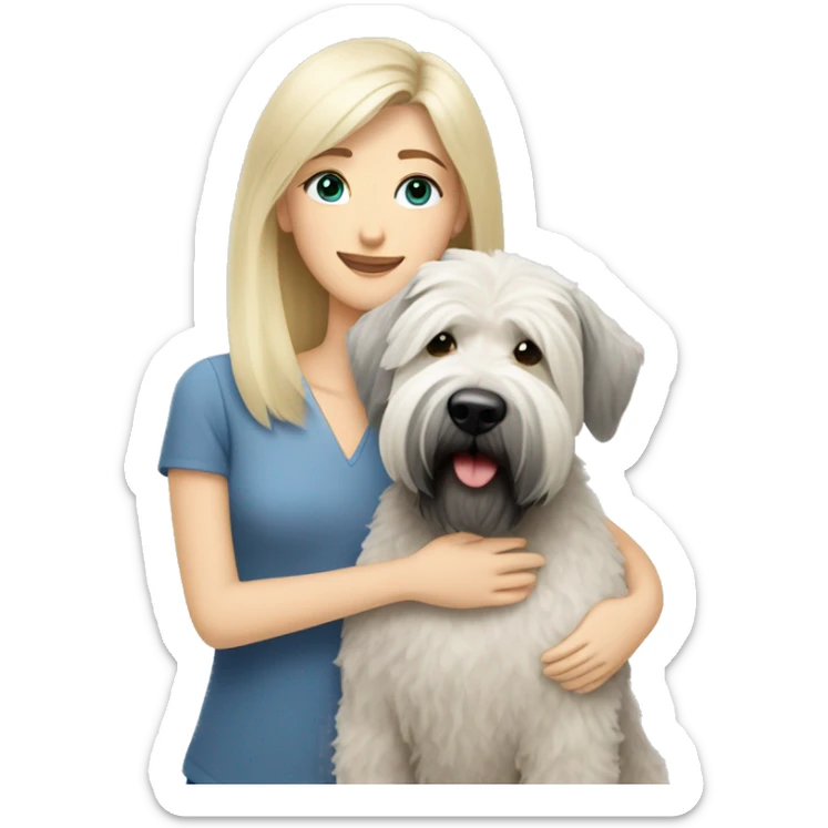 pretty woman blonde hair blue eyes hugging a white and gray soft coated wheaten terrier dog with bangs sticker