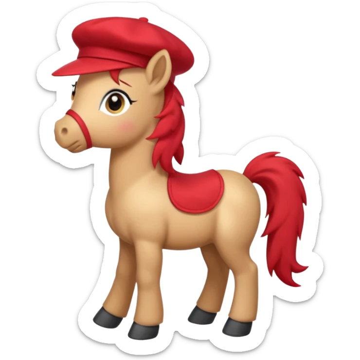 Adorable cartoon pony (small horse) emoji, full body, standing in profile view facing sideways. It has big, sparkling eyes and a friendly smile. It is wearing a cute red beret tilted to one side.  sticker