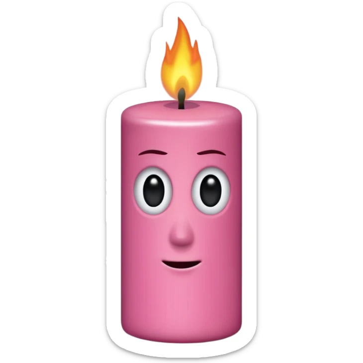 Draw a woody pink, Pixar-style candle with a flame and black eyes. The candle should be visible from the front and top. sticker