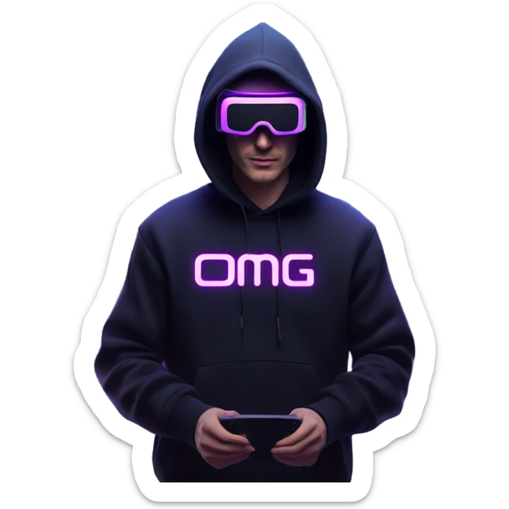 Russian man wearing a black hoodie with "OMG" letters on it and VR headset in a cyberpunk VR environment with violet neon lighting. sticker