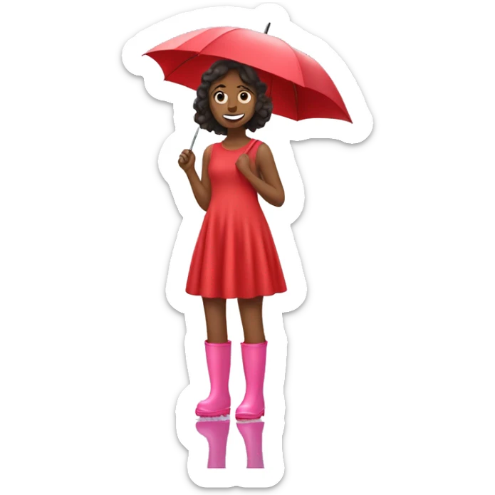 Girl in red wide dress and pink rainboots in rain sticker