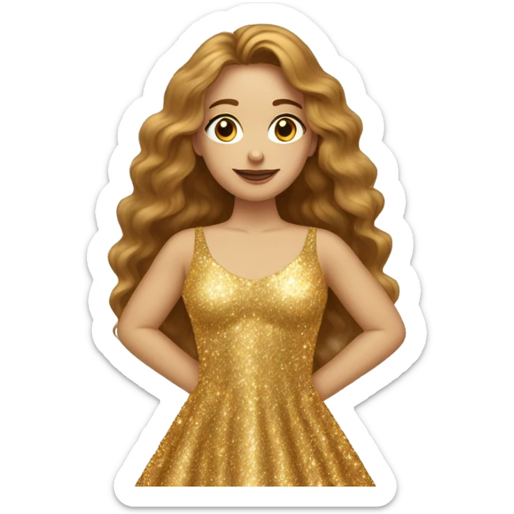 auburn long haired woman with hazel eyes wearing gold sparkly shiny dress sticker