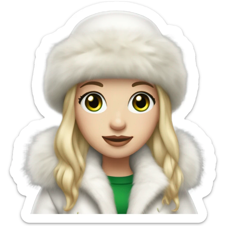 Realistic White girl with Long straight blonde hair, green eyes, tattoos, full body wearing white fur coat and fur hat sticker