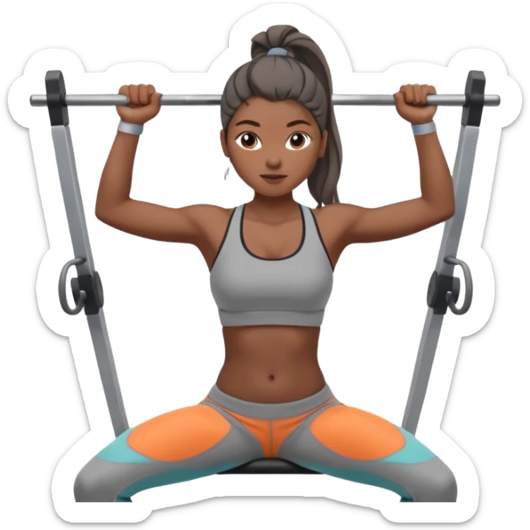 Mujer en gimnasio, peruana con coleta top corto gris y pantalón gris. Haciendo jalón al pecho  sticker