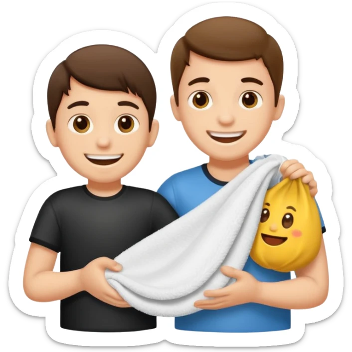 un niño pequeño y un hombre jugando al juego de tirar la soga, en vez de soga una toalla blanca sticker