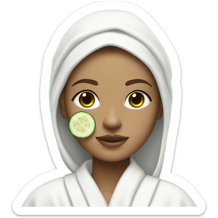 White girl with Brown hair and blue eyes wears a Green colored skincare clay textured mask and puts on cucumbers around her eyes while She relaxes in her white Robe sticker