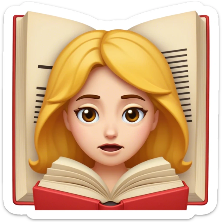 Cinematic Funny Belle Portrait Emoji, Looking exasperated as a book lands on her head, one eye twitching, caught in a hilariously relatable moment of book-lover clumsiness! sticker
