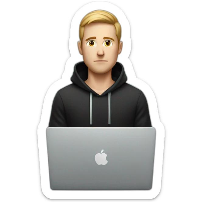 a serious-looking white man wearing a black hoodie behind a laptop sticker