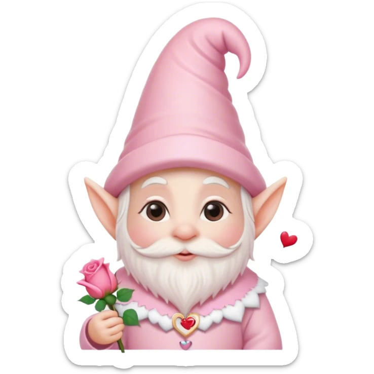 An adorable little pale pink Valentine’s Day style gnome with a rose and hearts in the background sticker