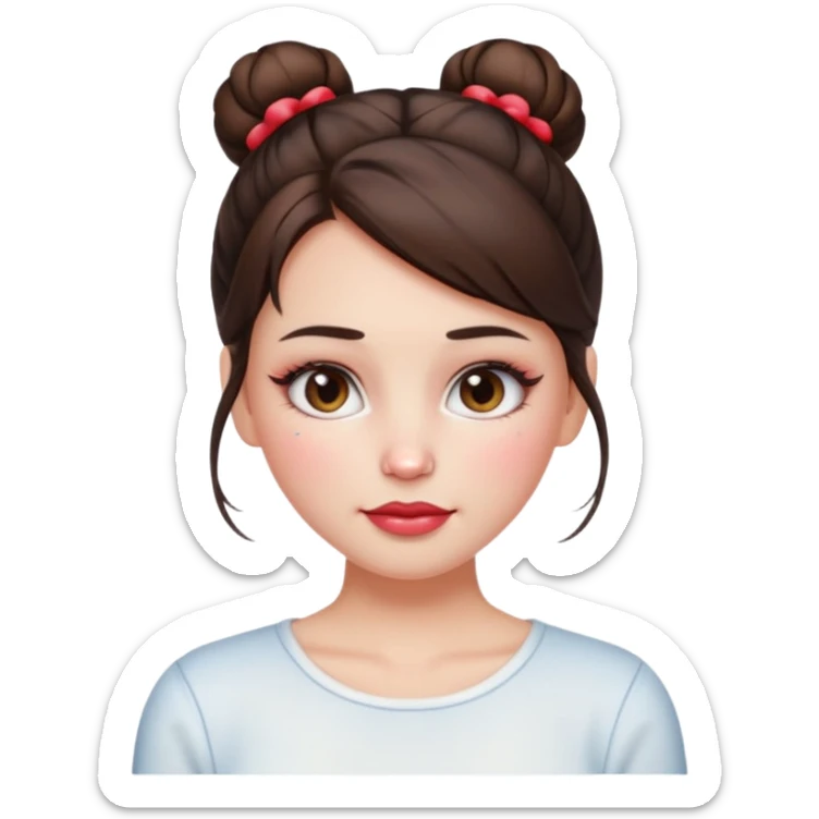 “Emoji brunette girl hair in bun white top, dewy skin, heavy blush across cheeks and nose bridge, glossy cherry lips, soft eyeliner, teary sparkling eyes like hanni from new jeans sticker