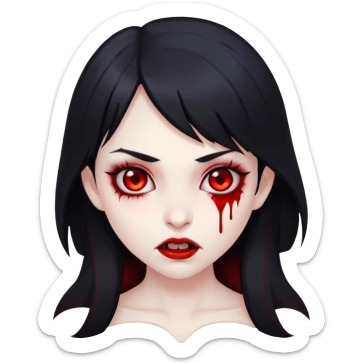 Girl vampire with blood on mouth and black hair with side bangs and pale skin with red eyes sticker